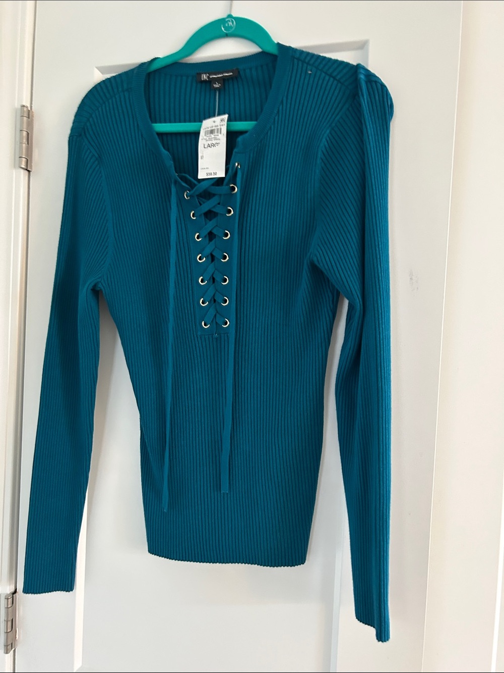 Inc Brand New with tags Lace-Up Ribbed Long-Sleeve Top - Teal